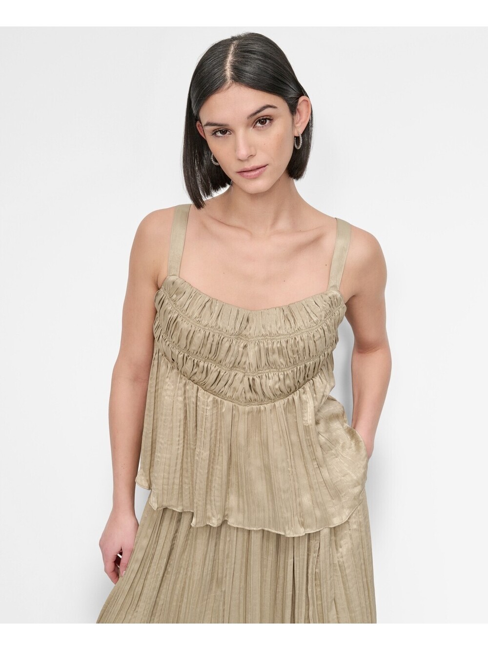 DKNY Womens Crushed Crease Smocked Pale Moss M